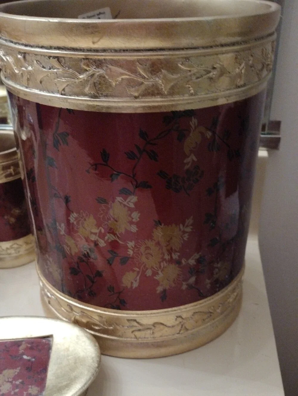 Set of 4 Gold & Burgundy Floral Bathroom Accessory Set lotion, soap dish, tumble